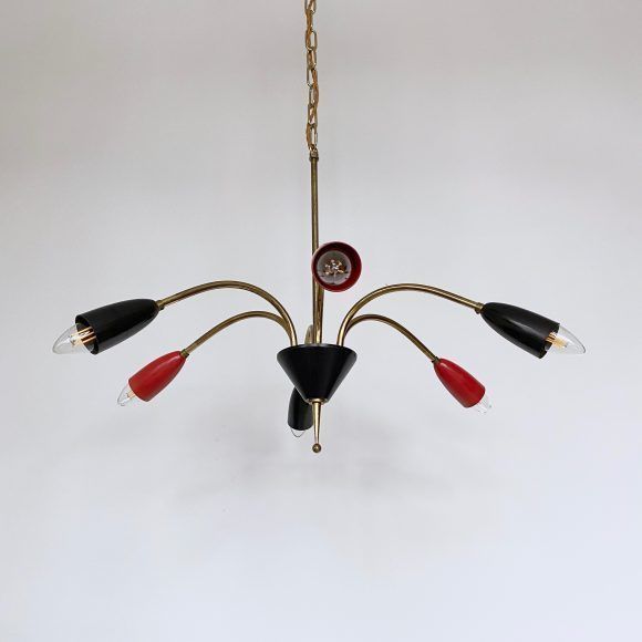 Mid Century Brass Sputnik Chandelier With Red And Black Shades