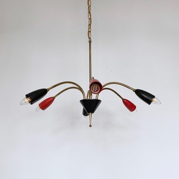Mid Century Brass Sputnik Chandelier With Red And Black Shades photo furniture