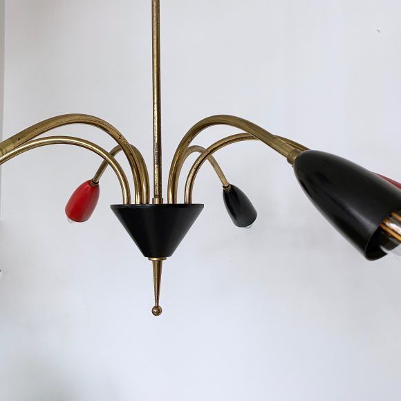 Mid Century Brass Sputnik Chandelier With Red And Black Shades photo 595.0