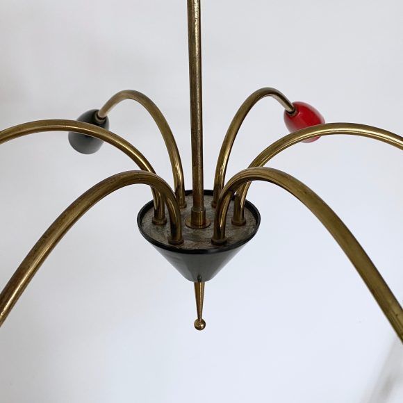 Mid Century Brass Sputnik Chandelier With Red And Black Shades photo vinterior