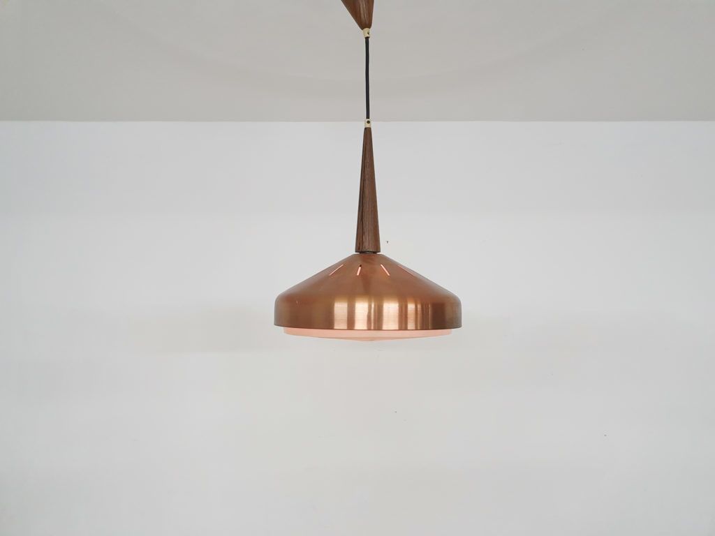 Scandinavisch Modern Koperen Hanglamp Met Houten Details, Ca. Jaren 1960 photo furniture