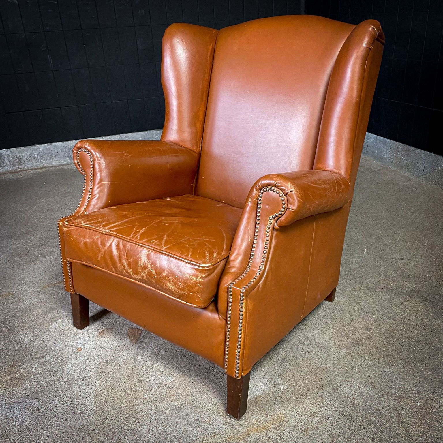 Vintage Cognac Schapenleren Fauteuil Met Vleugelleuningen