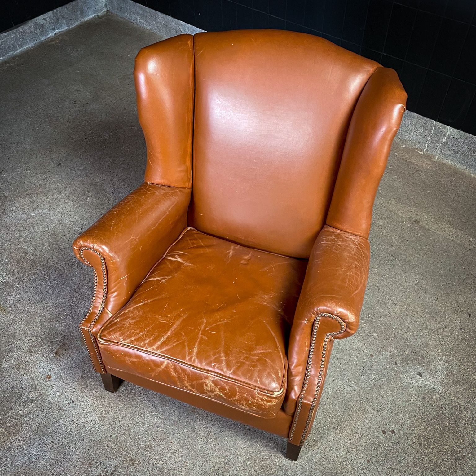 Vintage Cognac Sheepskin Leather Wingback Armchair photo for sale