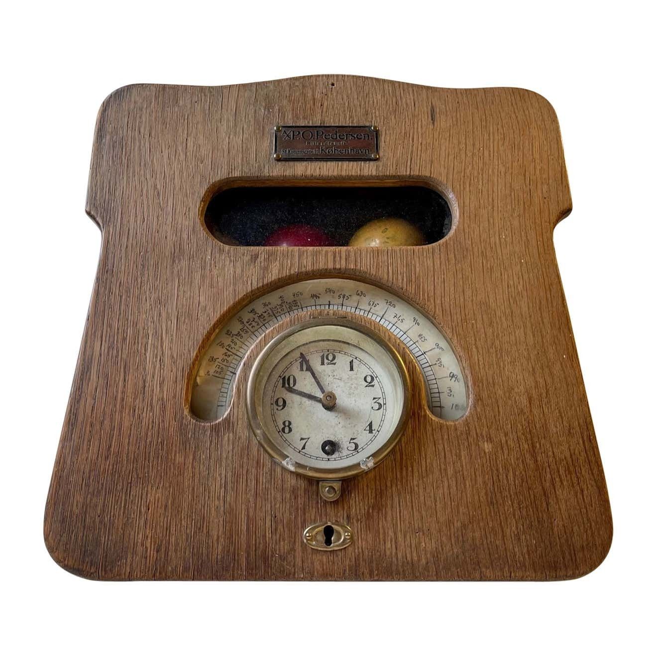 Antique Mechanical Billiard Clock In Oak With Timer By P. O. Pedersen Copenhagen