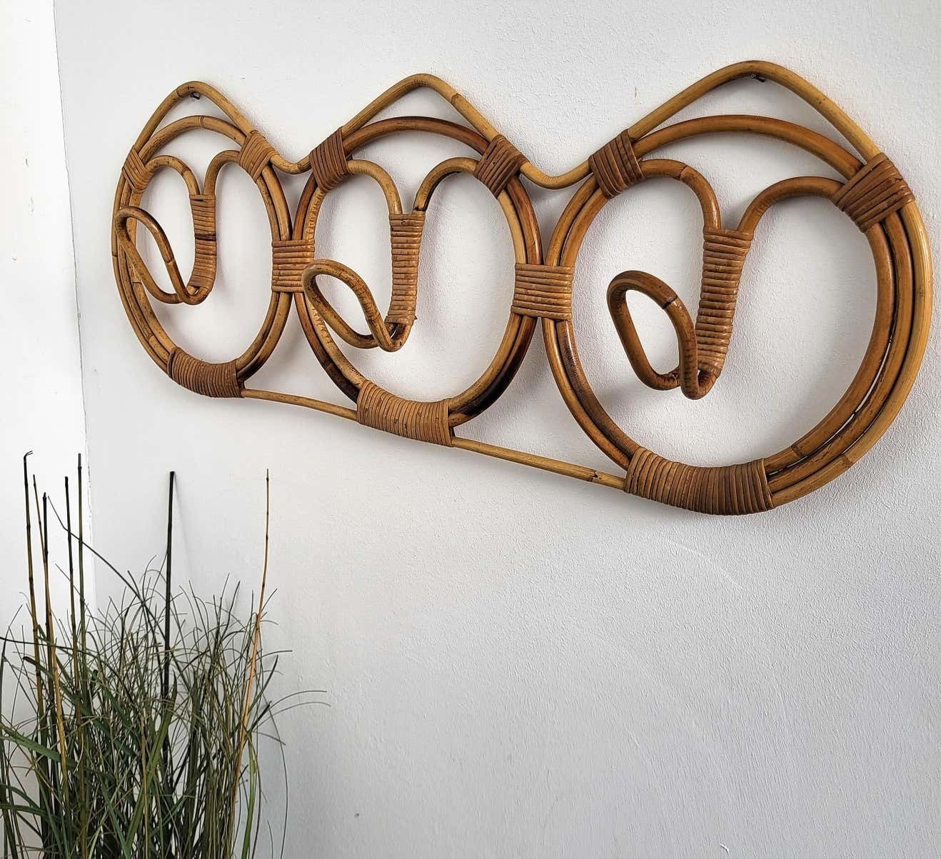 1960s Italian Bamboo Rattan Bohemian French Riviera Coat Hanger Rack Stand photo Furniture