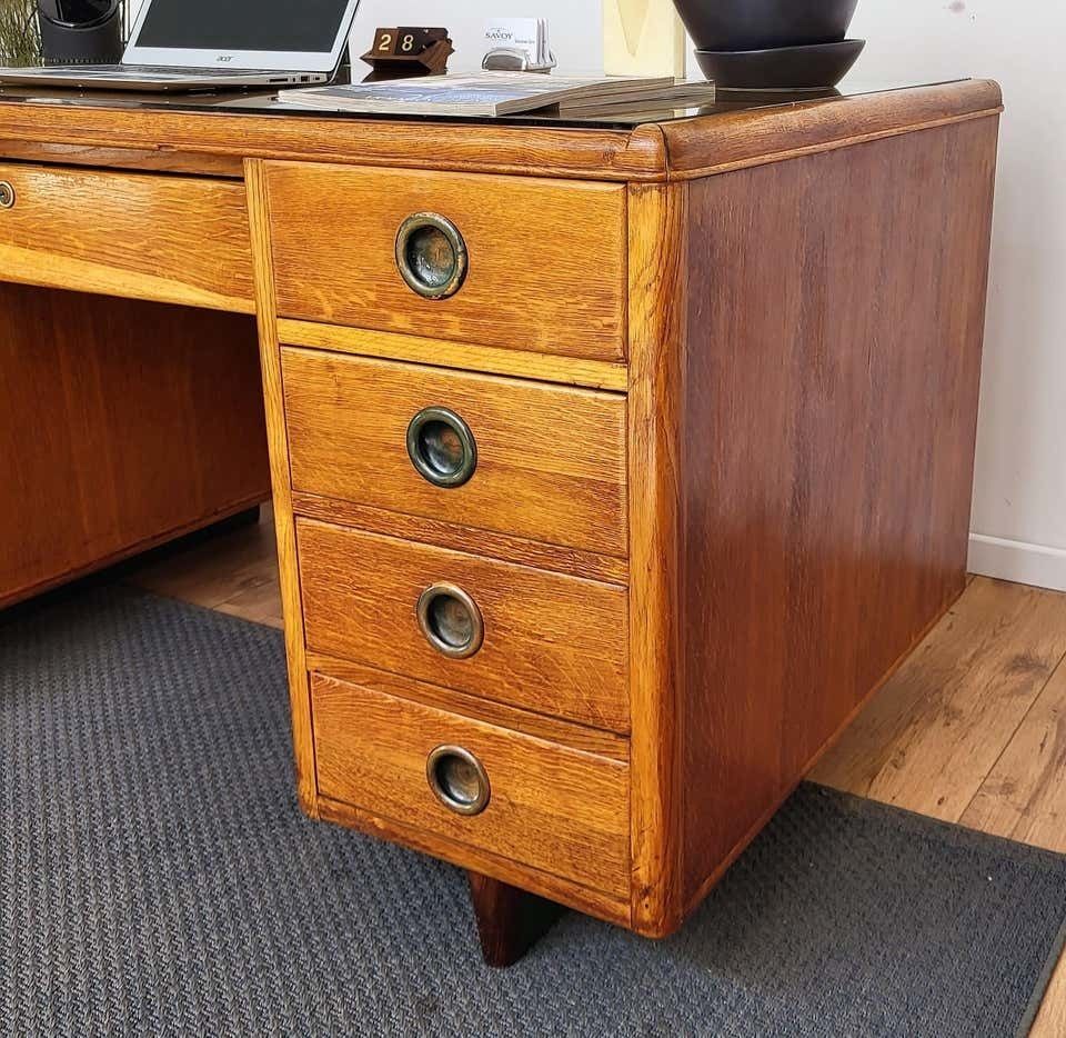 1950s Mid Century Modern Italian Walnut Wood Brass And Glass Writing Desk Table photo vinterior