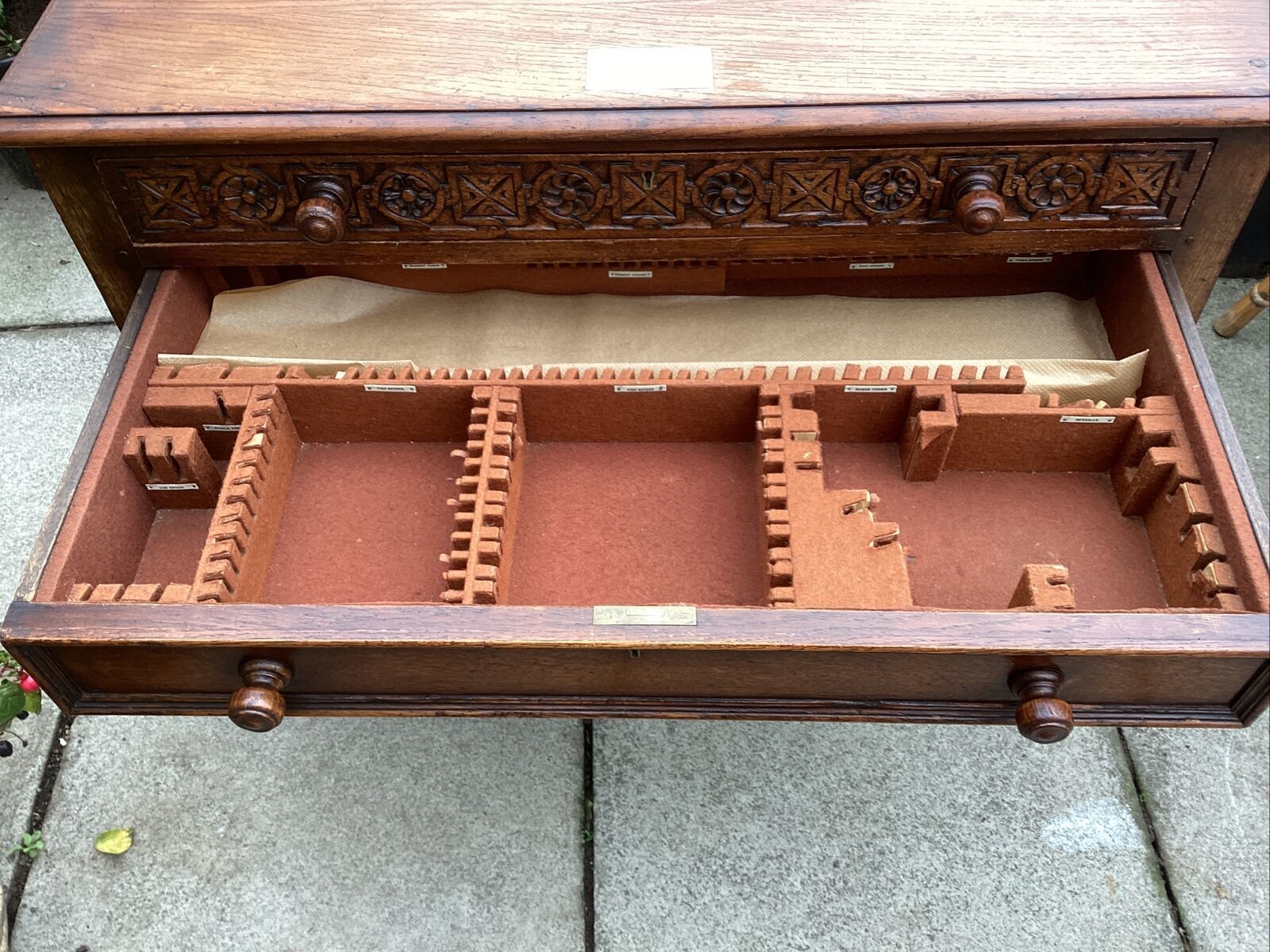 Furniture 1954 Carved Oak Table / Large Canteen With Silver Plaque. Gifted To Mrs Craggs photo