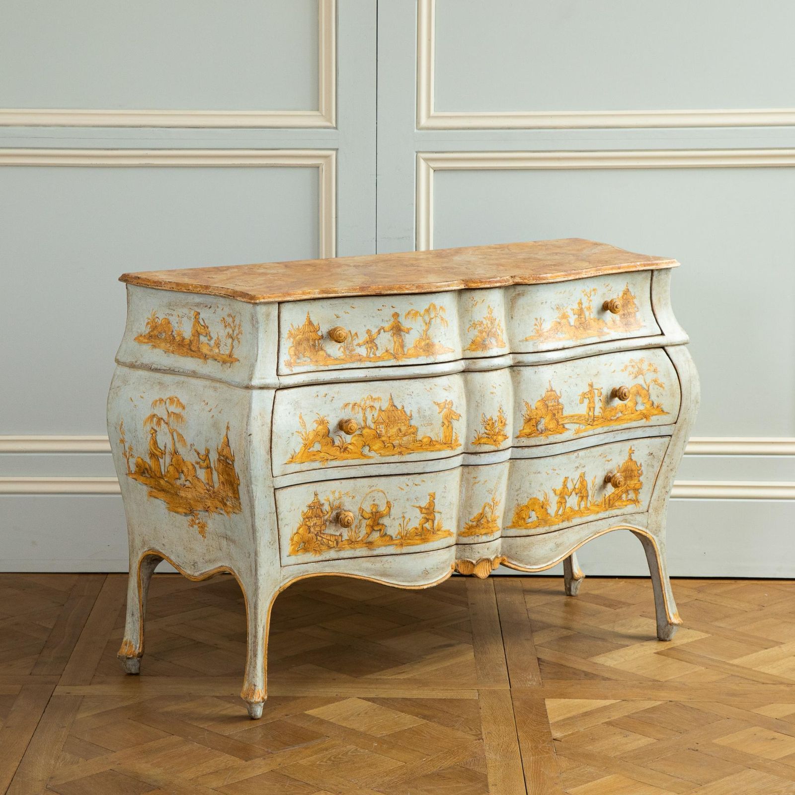 Late 19th C. Venetian Chest Painted In Chinoiserie Stye Of Blue & Yellow Ochres photo furniture