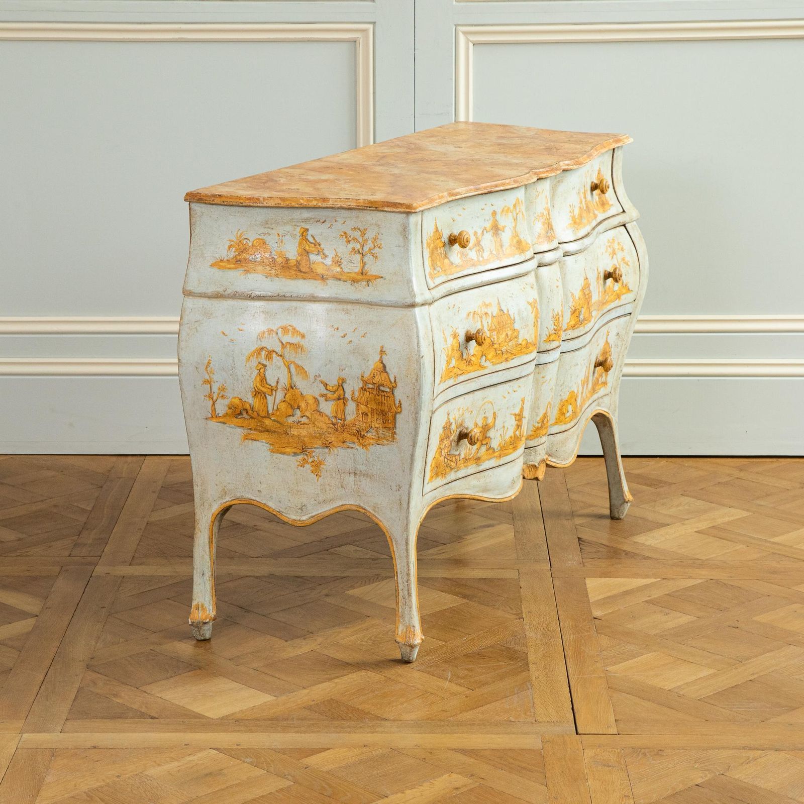 Late 19th C. Venetian Chest Painted In Chinoiserie Stye Of Blue & Yellow Ochres photo for sale