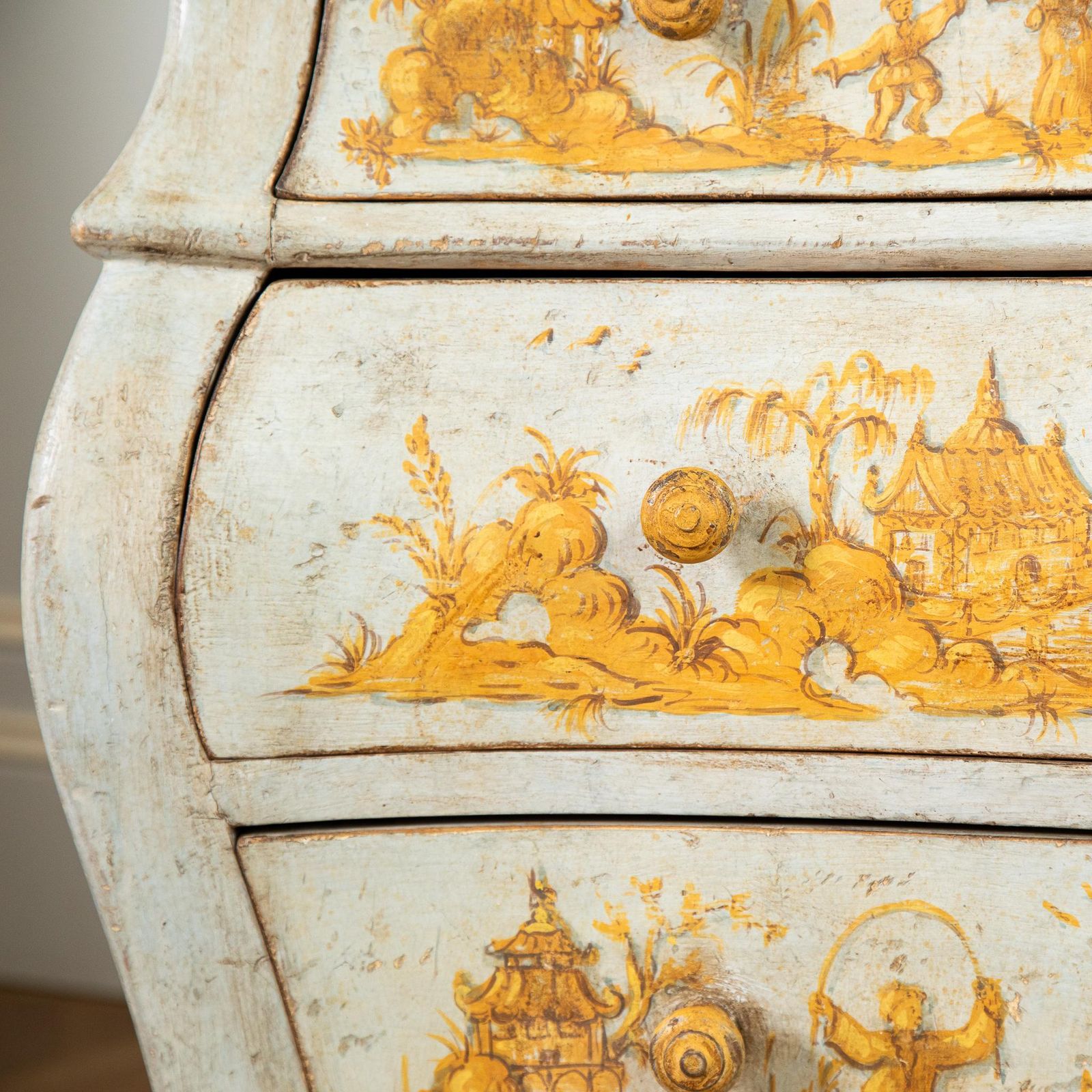 photo furniture Late 19th C. Venetian Chest Painted In Chinoiserie Stye Of Blue & Yellow Ochres