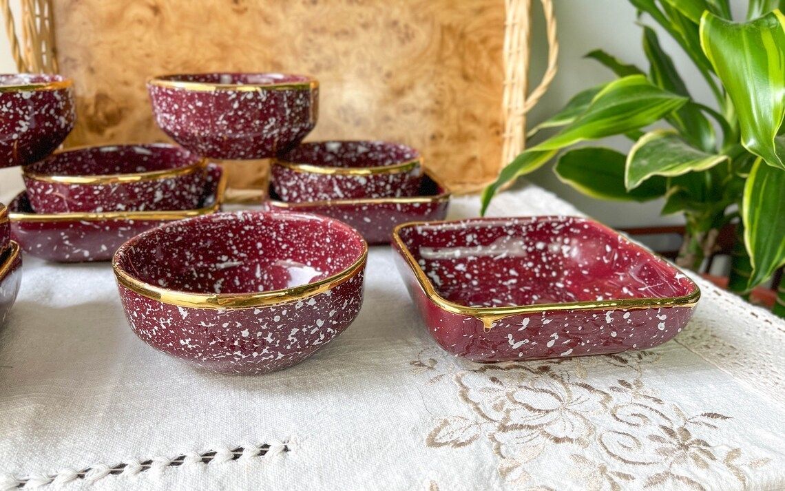 Serving Tray 12 Speckled Burgundy Gold Ceramic Ramekins ~ Speckled Burgundy Ceramic Bowl ~ Aperitif Service ~ Breakfast photo vinterior