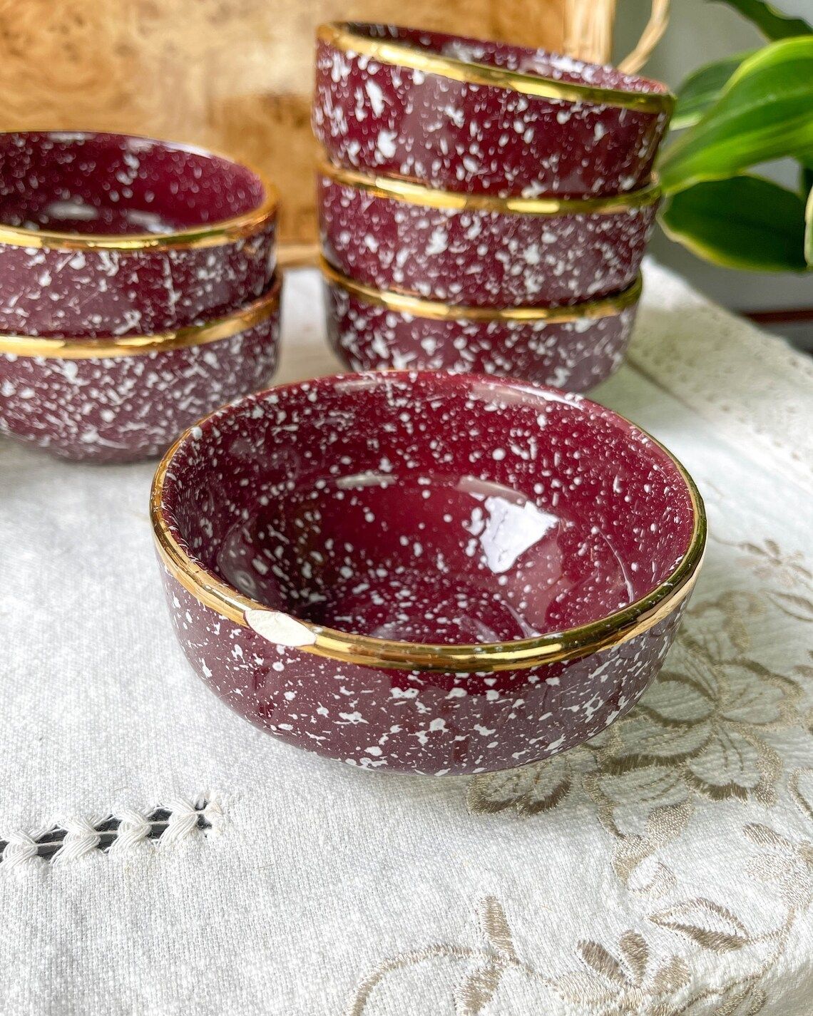 Serving Tray 12 Speckled Burgundy Gold Ceramic Ramekins ~ Speckled Burgundy Ceramic Bowl ~ Aperitif Service ~ Breakfast photo vintage