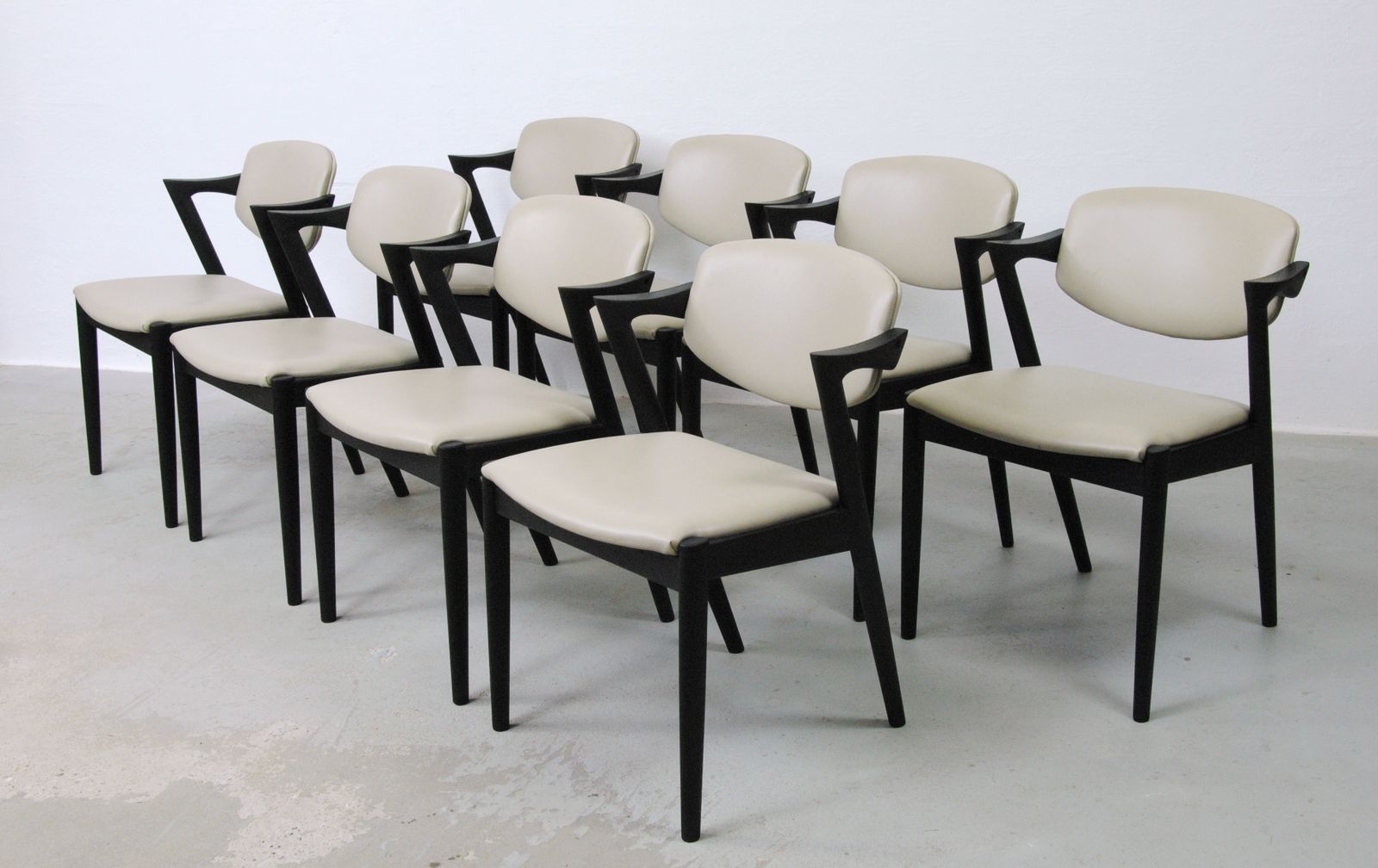 Set Of 8 Fully Restored And Ebonized Kai Kristiansen Dining Chairs Inc. Custom Reupholstery 1960's photo furniture