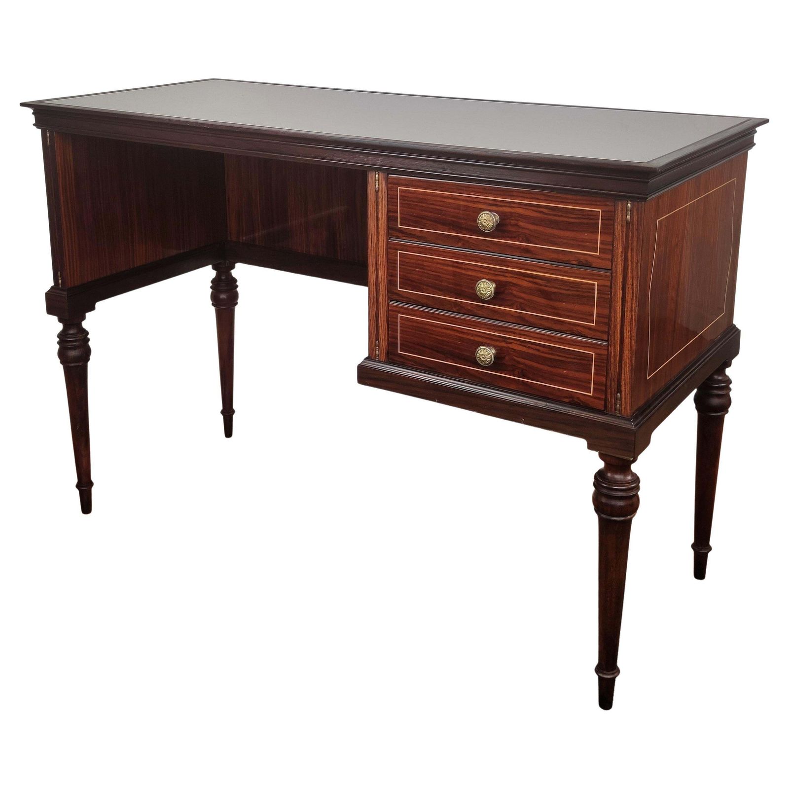 1960s Italian Art Deco Midcentury Walnut Brass Small Desk Writing Table