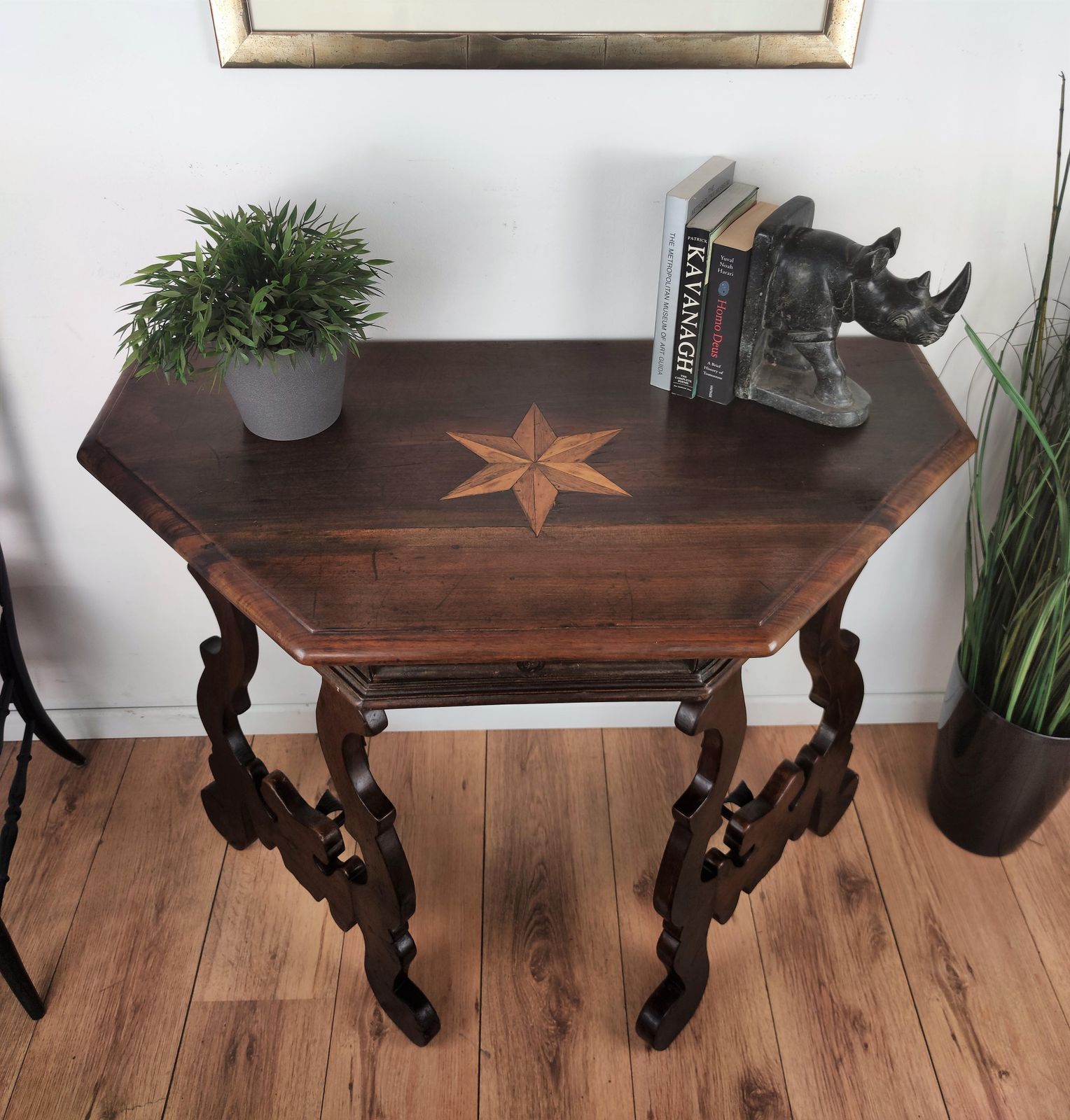 19th Century Solid Walnut Baroque Lyre Leg Inlay Demi Lune Console Table photo Furniture