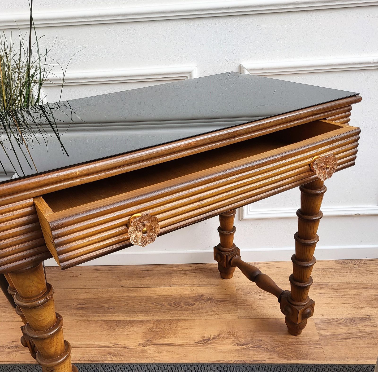 1960s Italian Art Deco Mid Century Walnut Brass Glass Top Desk Writing Table photo vinterior