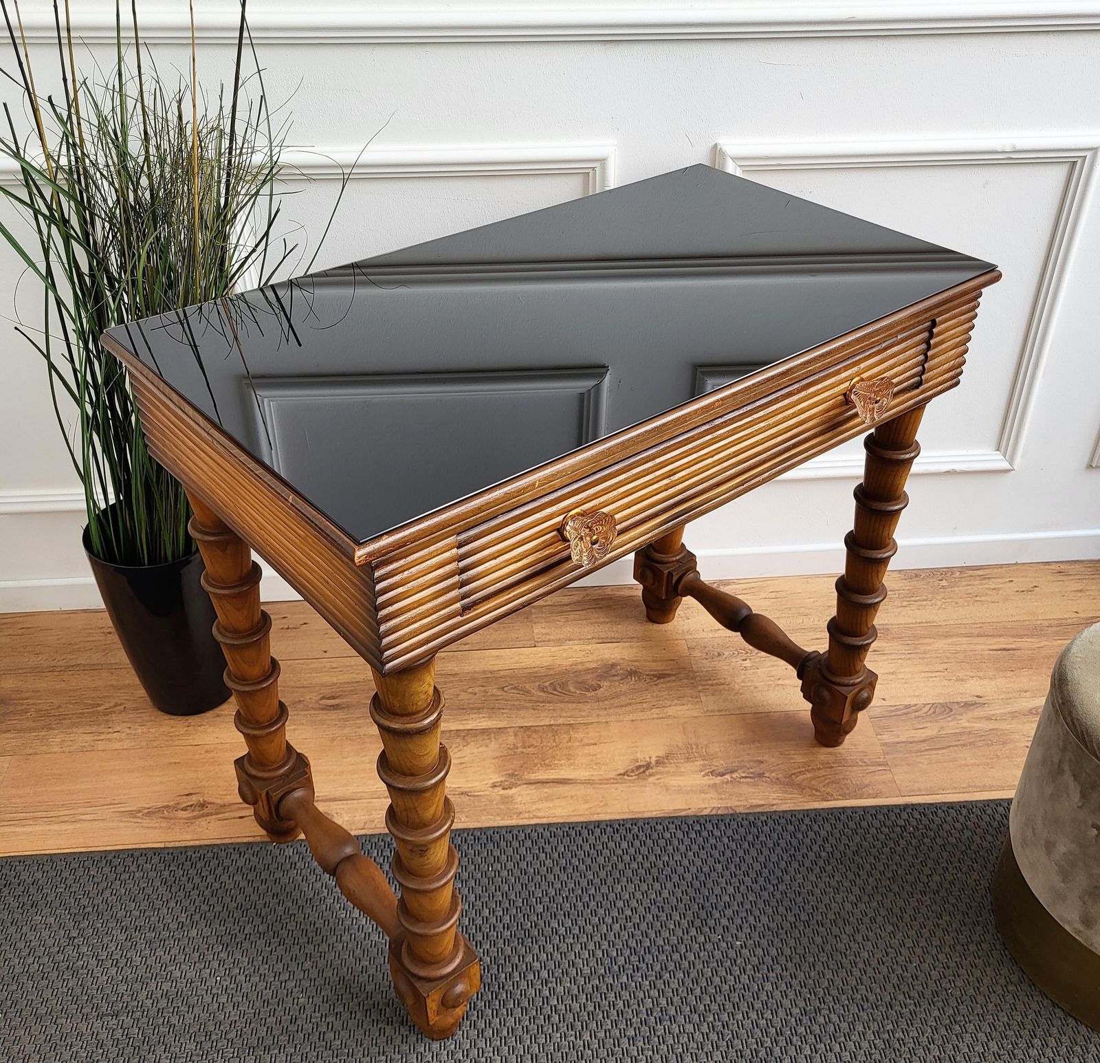 1960s Italian Art Deco Mid Century Walnut Brass Glass Top Desk Writing Table photo vintage