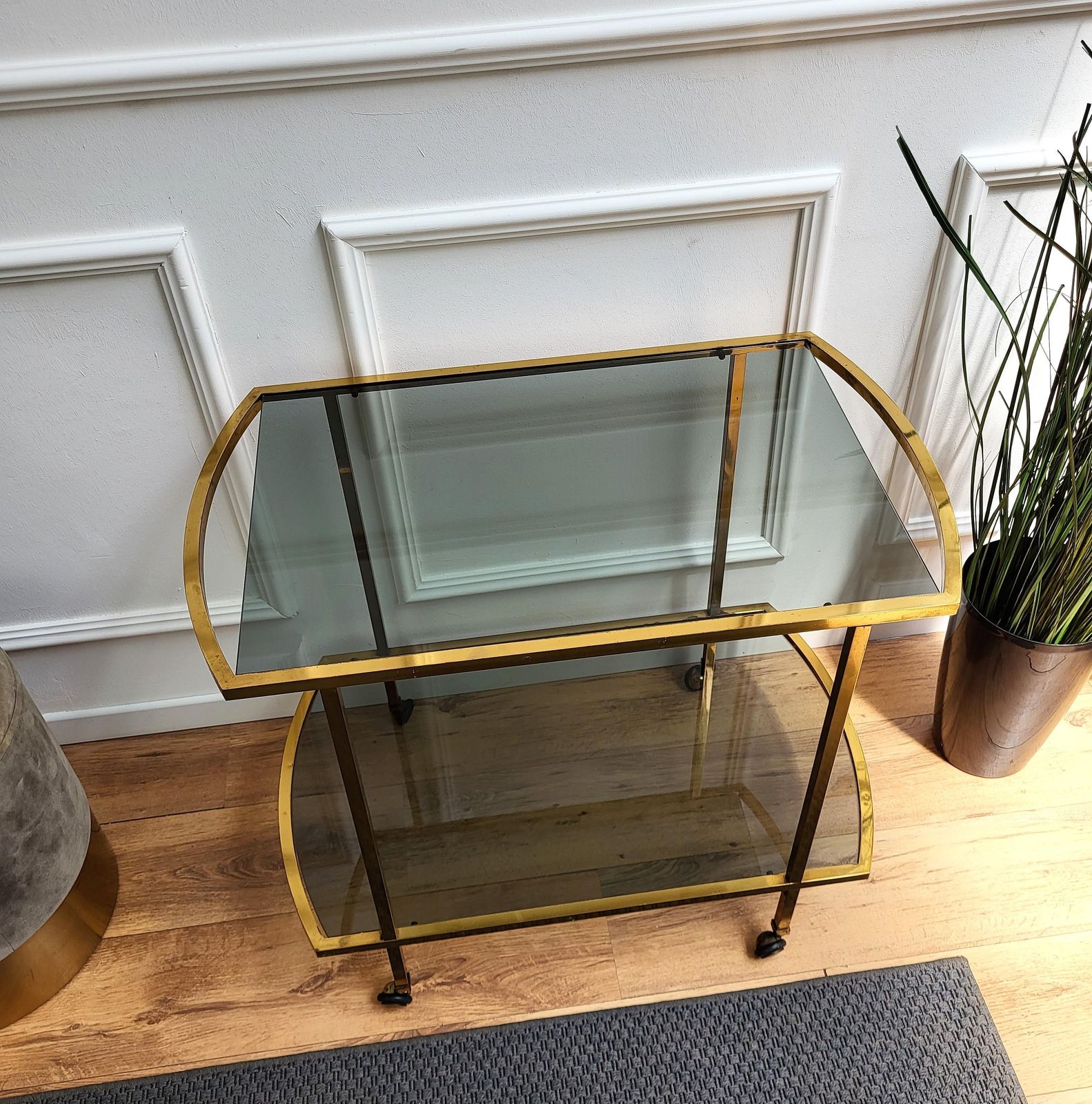1960s Italian Two Tier Brass And Glass Bar Cart With Dark Glass Top photo for sale