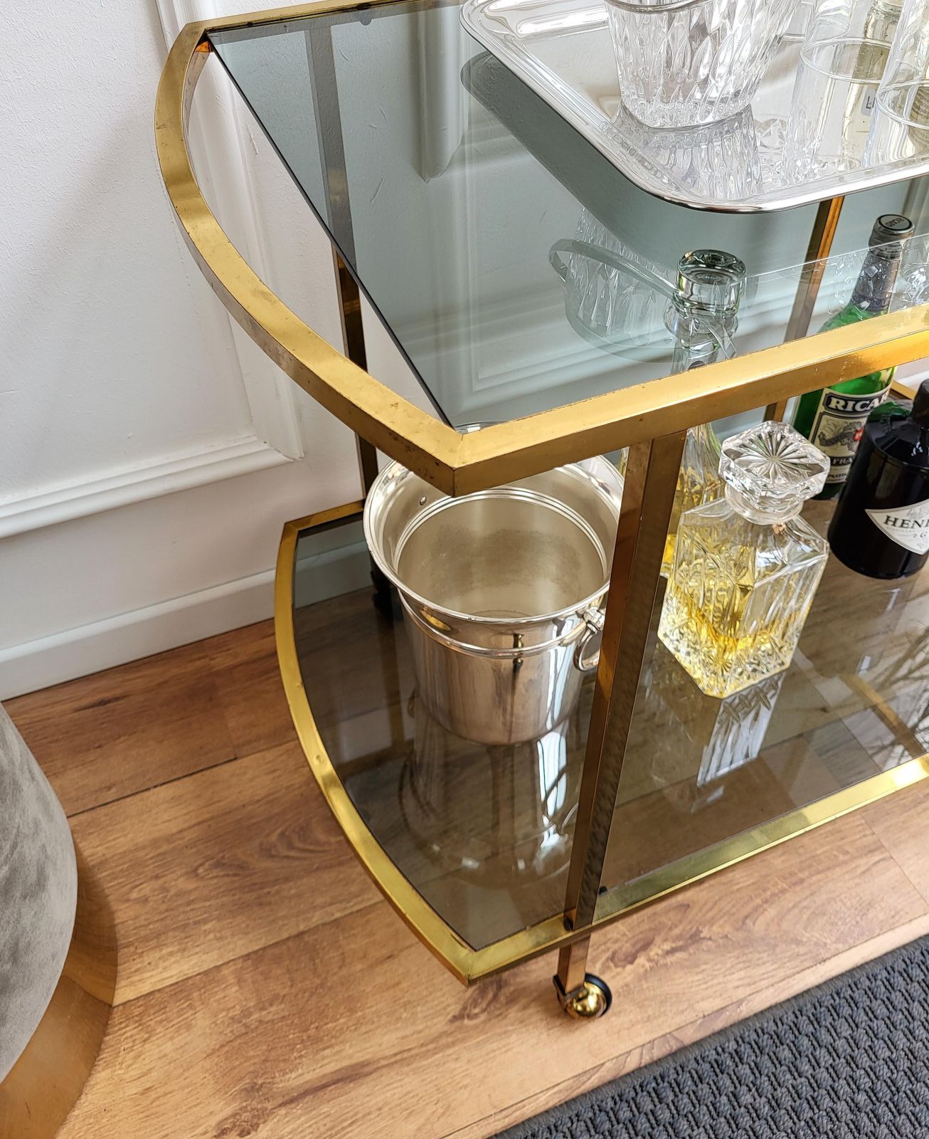 1960s Italian Two Tier Brass And Glass Bar Cart With Dark Glass Top photo buy
