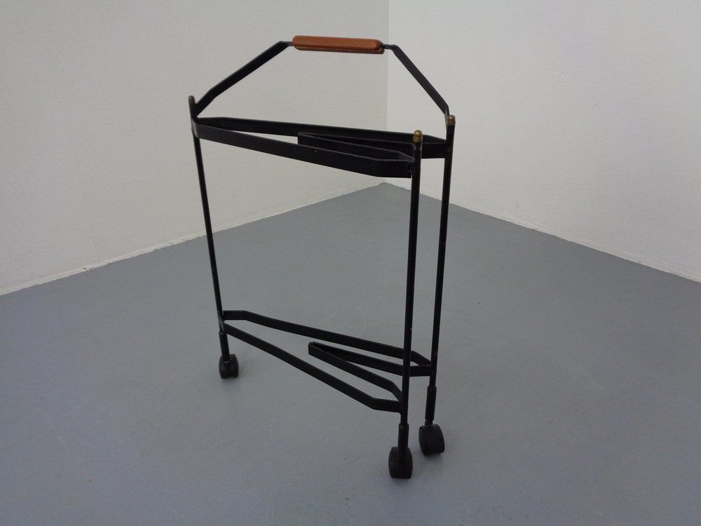 photo vinterior Mid Century Folding Teak & Metal Serving Bar Cart 1960s