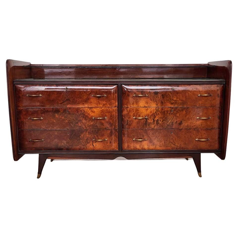 1960s Italian Art Deco Mid Century Modern Wood, Glass And Brass Chest Of Drawers