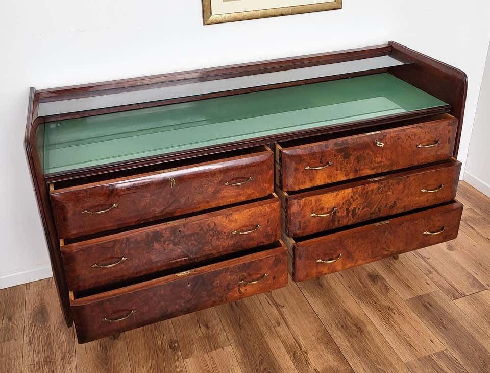 1960s Italian Art Deco Mid Century Modern Wood, Glass And Brass Chest Of Drawers photo vintage