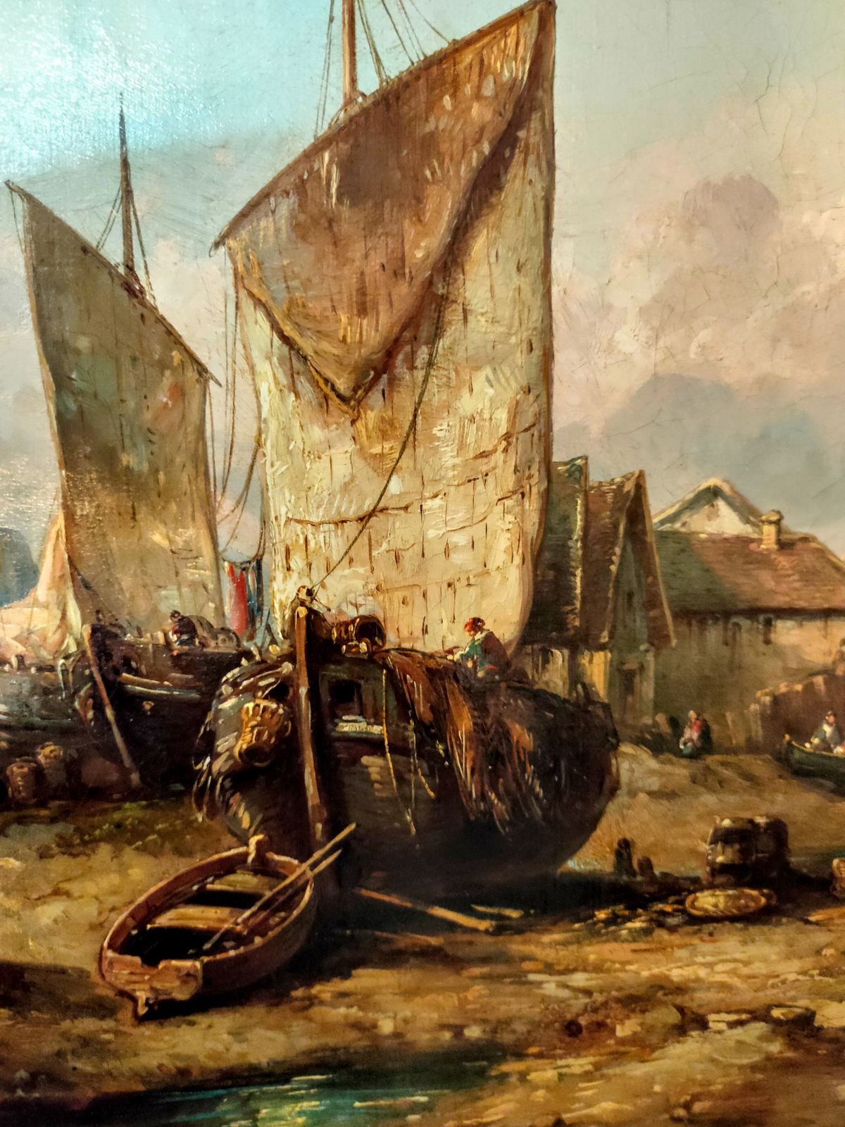 Oil Painting   19th Century Continental Scene W/ Fishermen In A Harbour photo 1725.0
