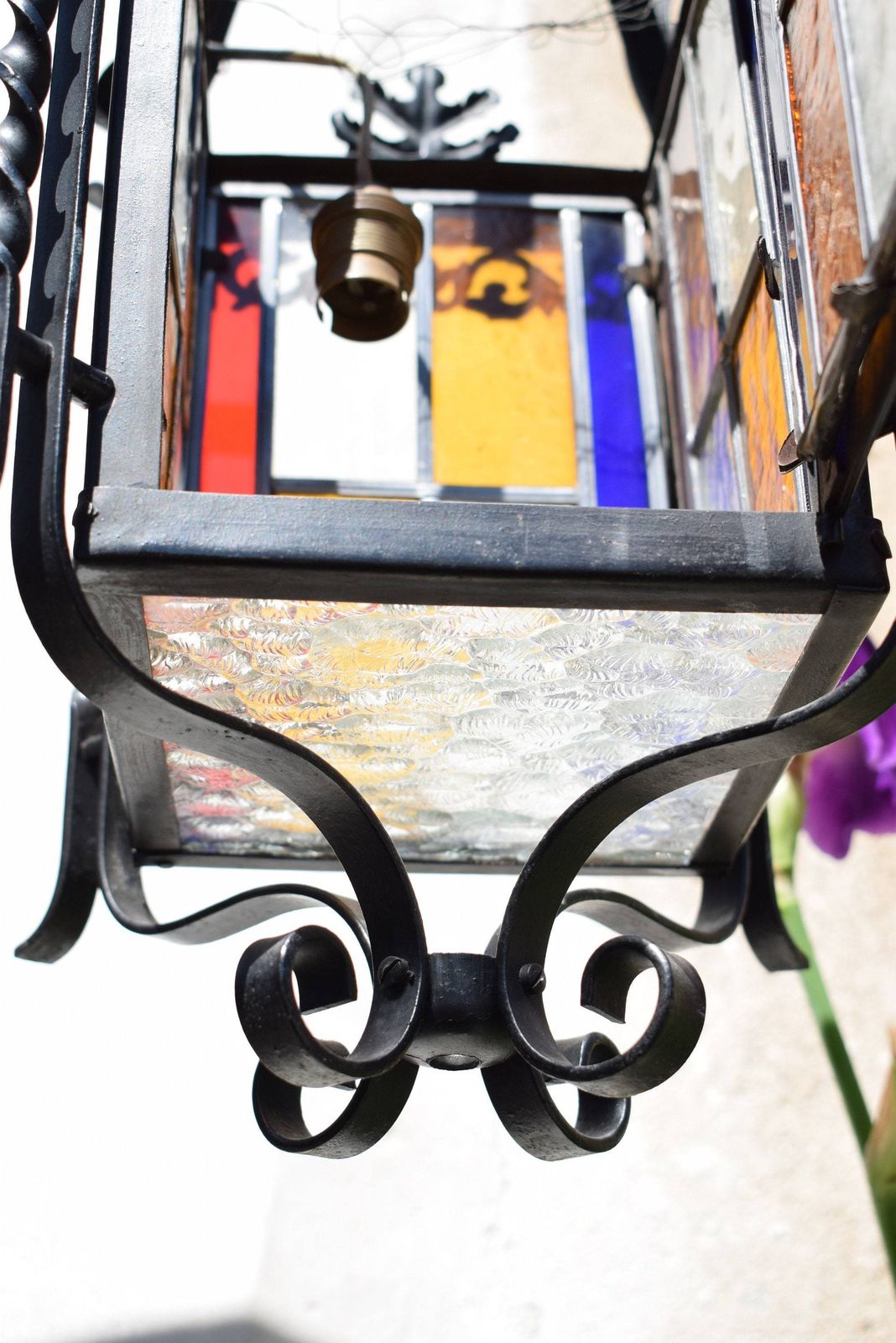 photo for sale Stained Glass Black Lantern Chandelier Hall Porch Vintage
