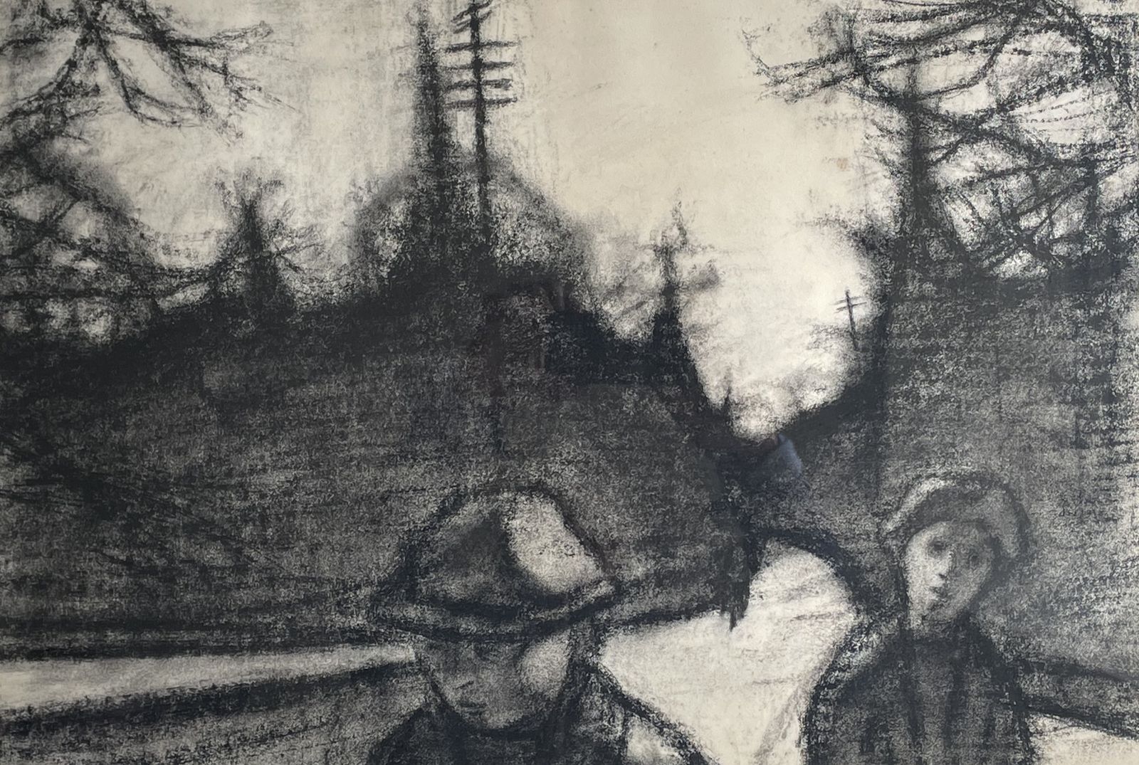 Harold Cheesman   British 1960 Chalk Drawing For Figures At A Road Junction