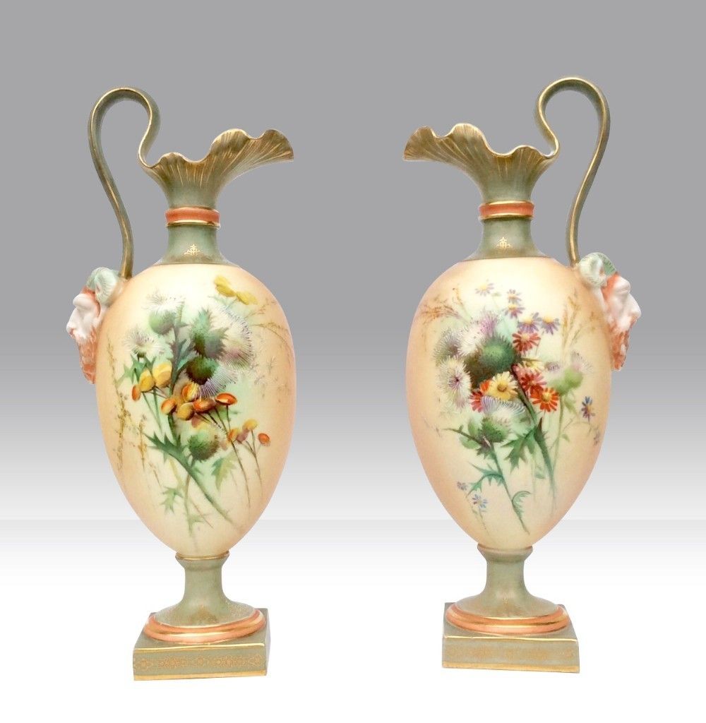 Beautiful Pair Of Antique Royal Worcester Pedestal Ewers Vases.