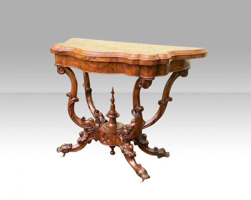 Antique Burr Walnut Serpentine Shaped Antique Games Card Table photo vintage