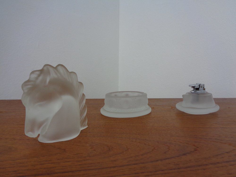 French Horse Lighter & Ashtray In Frosted Crystal Glass, 1960s, Set Of 3 photo for sale