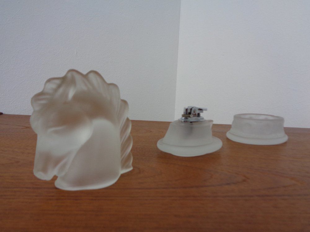 French Horse Lighter & Ashtray In Frosted Crystal Glass, 1960s, Set Of 3 photo 1048.0
