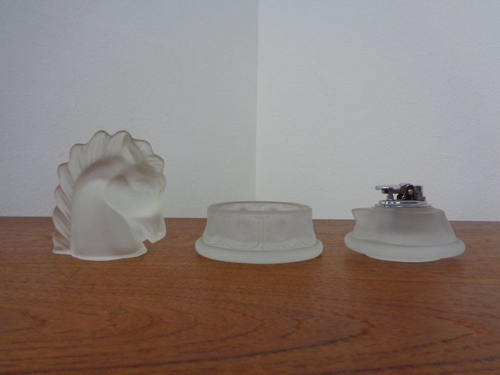 Home Decor French Horse Lighter & Ashtray In Frosted Crystal Glass, 1960s, Set Of 3 photo