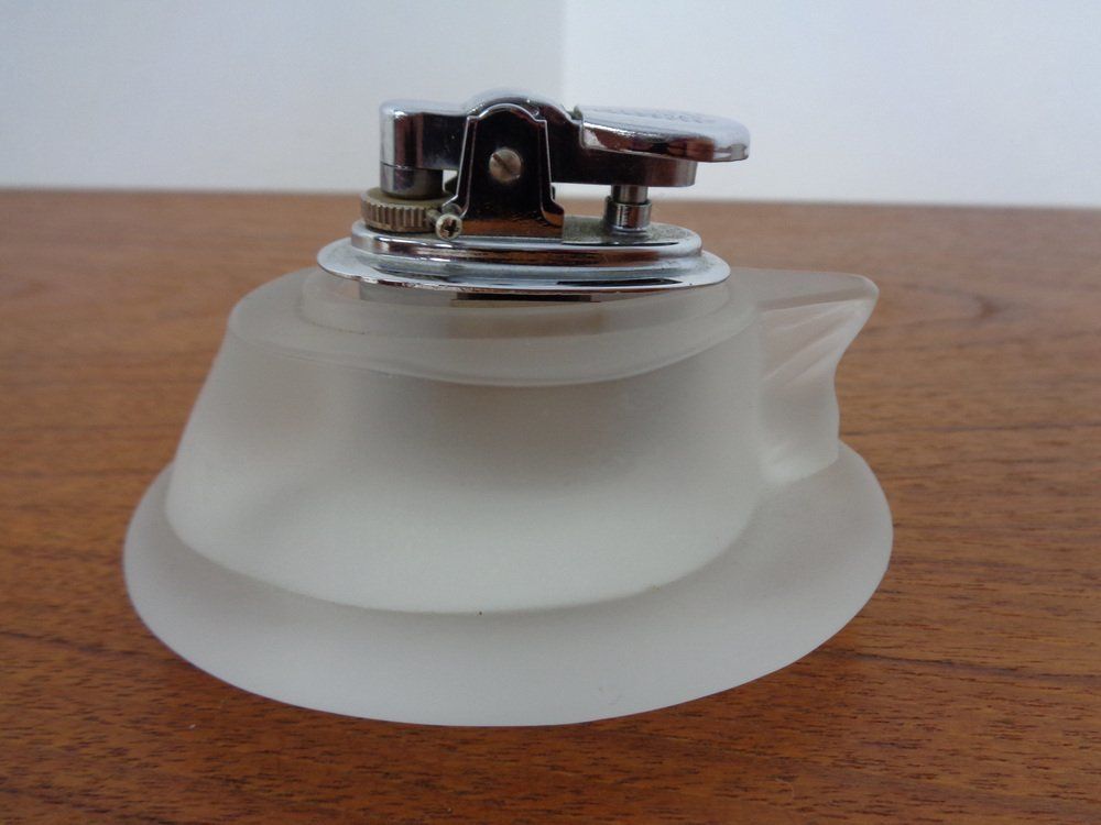 1048.0 French Horse Lighter & Ashtray In Frosted Crystal Glass, 1960s, Set Of 3 photo