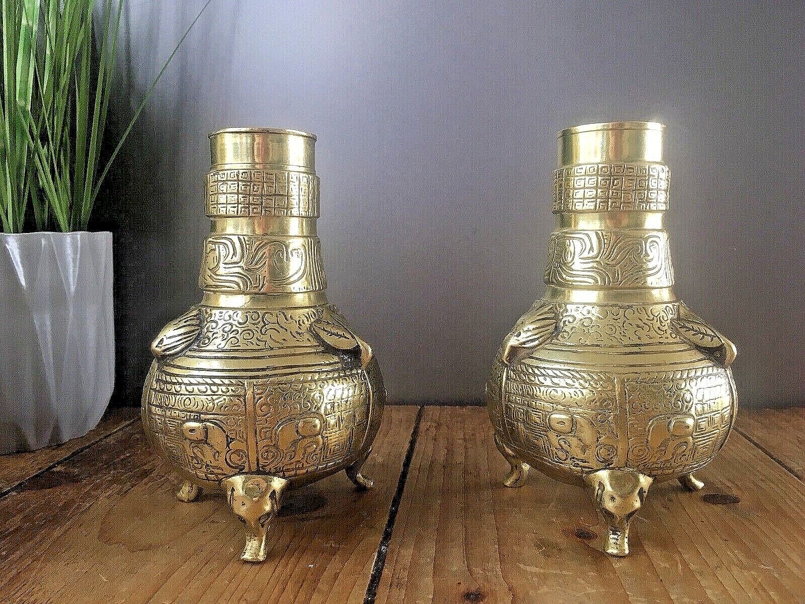 Unusual Antique Chinese Bronze Brass Urn Vases Elephant Feet Lion Mask 19th 20th photo Home Decor
