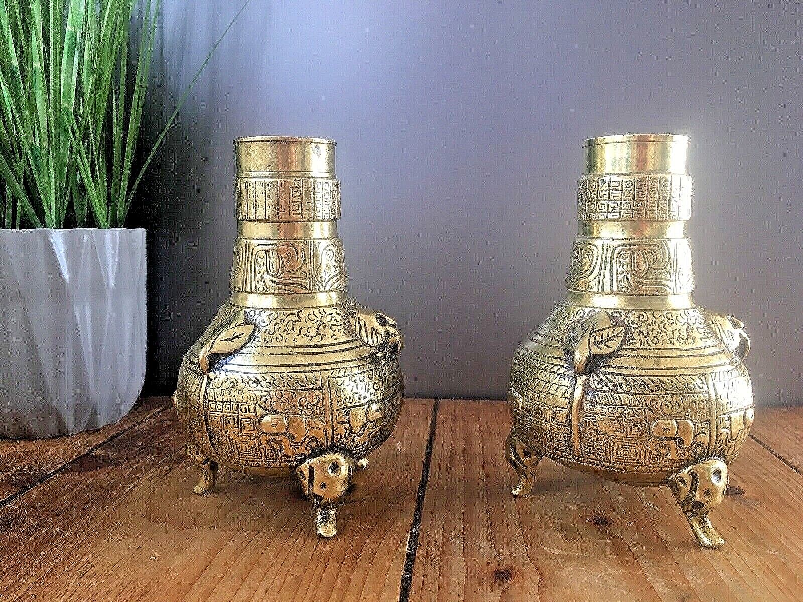 Unusual Antique Chinese Bronze Brass Urn Vases Elephant Feet Lion Mask 19th 20th photo 180.0