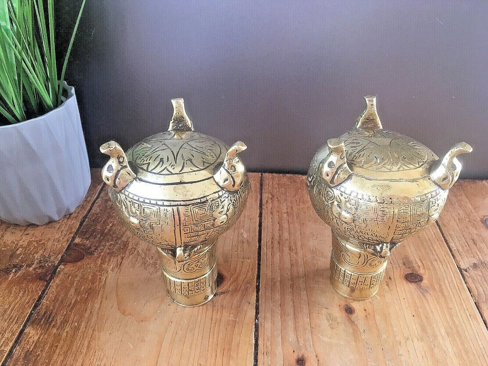 Unusual Antique Chinese Bronze Brass Urn Vases Elephant Feet Lion Mask 19th 20th photo buy