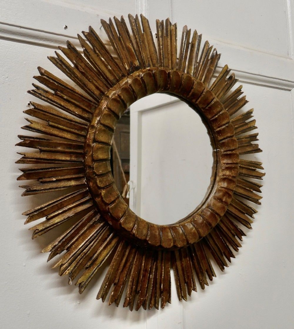 French Carved Wood Art Deco Odeon Style Sunburst Mirror photo vinterior