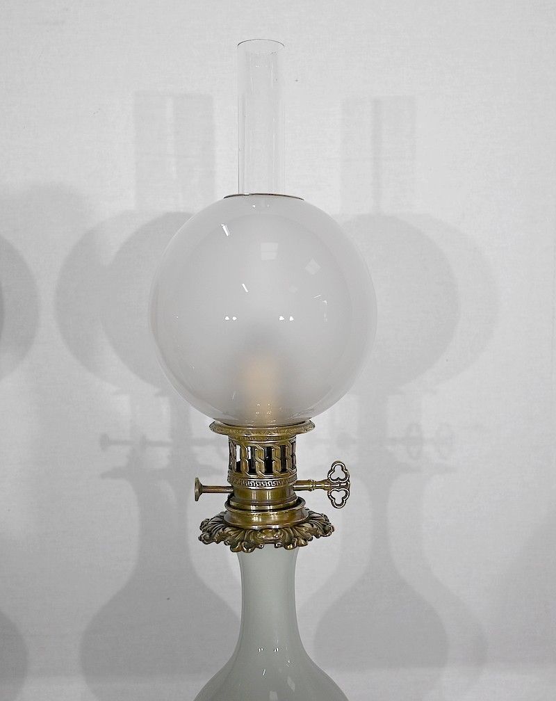 Pair Of Oil Lamps In Celadon And Bronze, Napoleon III Period, Mid 19th Century photo Lighting