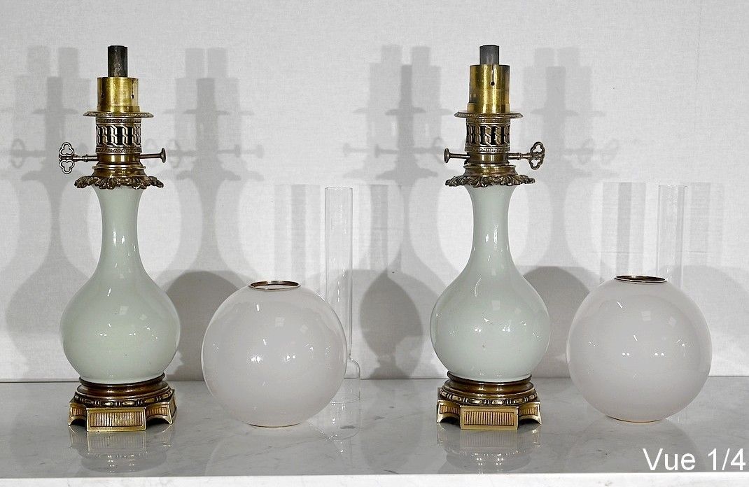 photo for sale Pair Of Oil Lamps In Celadon And Bronze, Napoleon III Period, Mid 19th Century