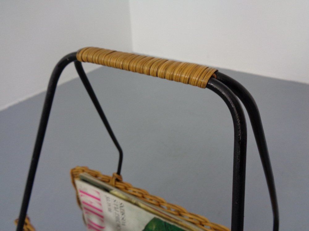 photo for sale Magazine Rack In Filigree Rattan And Steel, 1960s