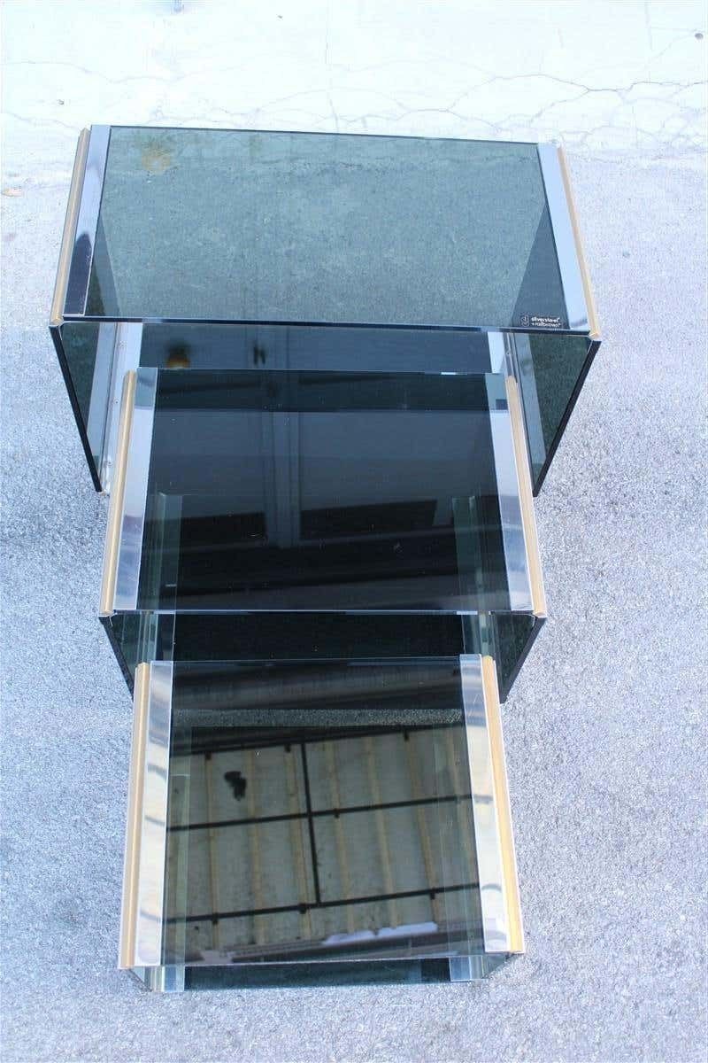 Stackable Tables Stildomus 1970s Italian Glass Steel And Brass Argent Gold Rega photo vintage