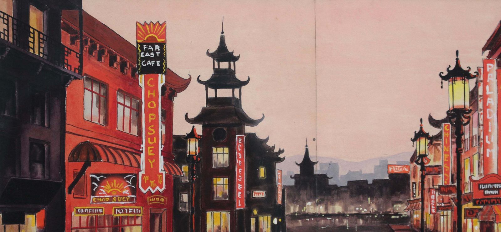 Chinatown San Francisco At Twilight, French School Circa 1950s photo vinterior