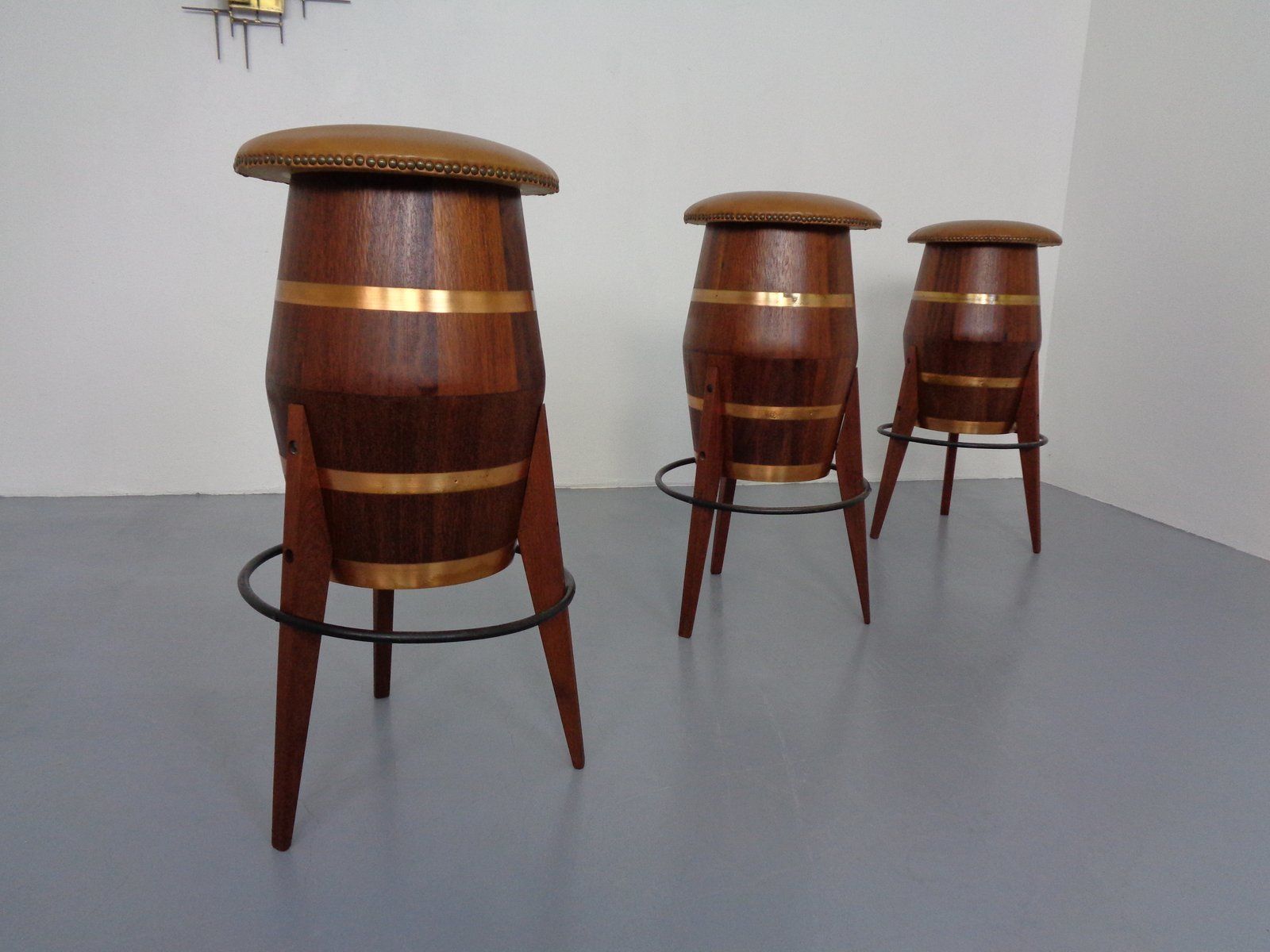 Mid Century Teak & Copper Barstools, 1960s, Set Of 3 photo Furniture