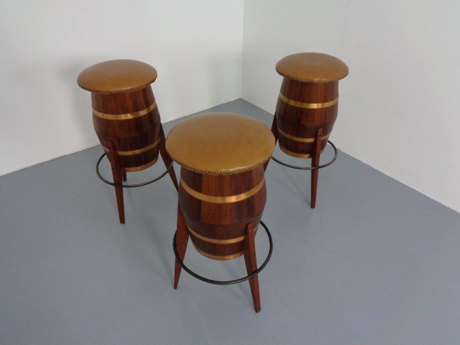 Mid Century Teak & Copper Barstools, 1960s, Set Of 3 photo 1095.0