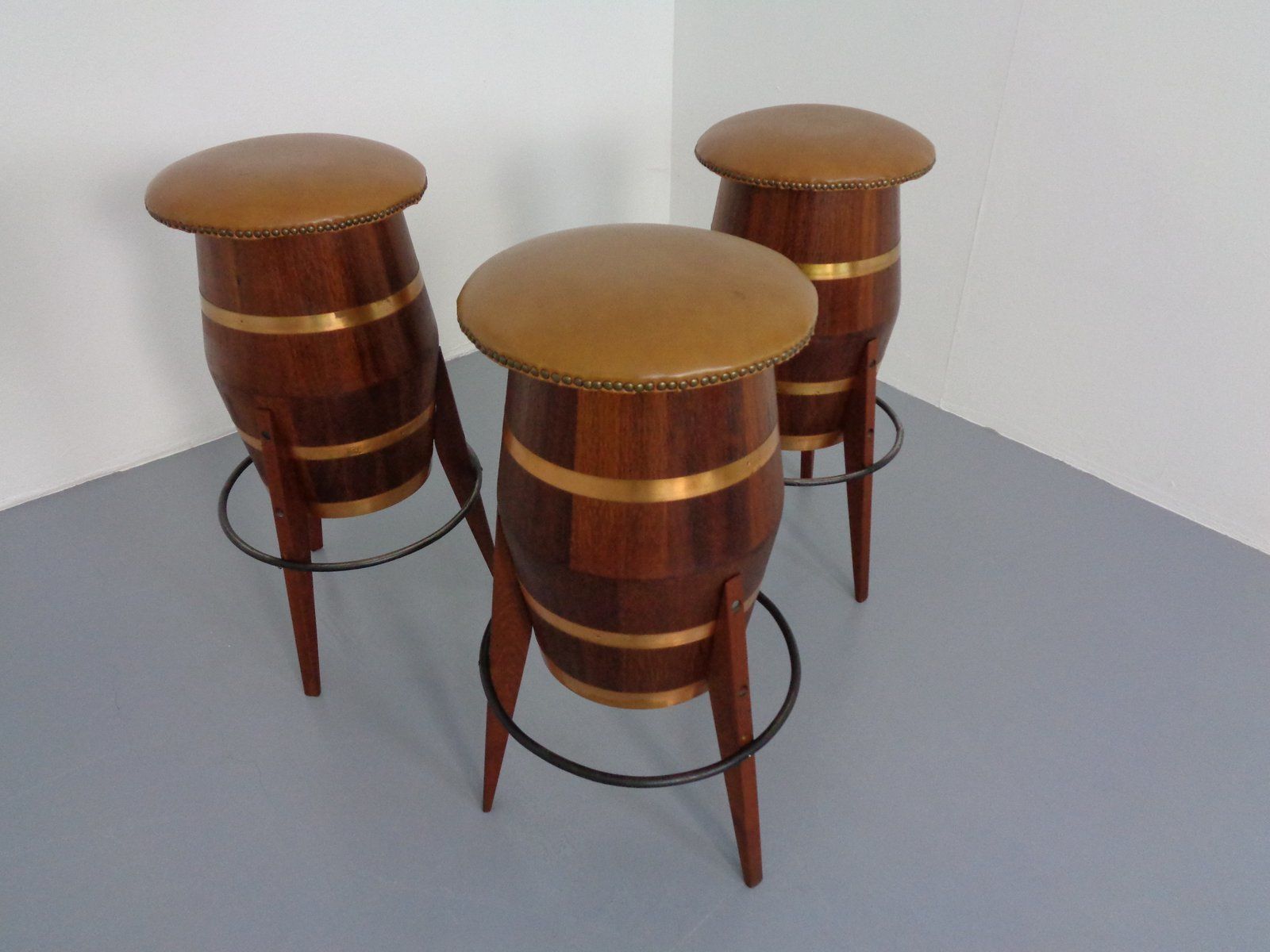 Mid Century Teak & Copper Barstools, 1960s, Set Of 3 photo buy