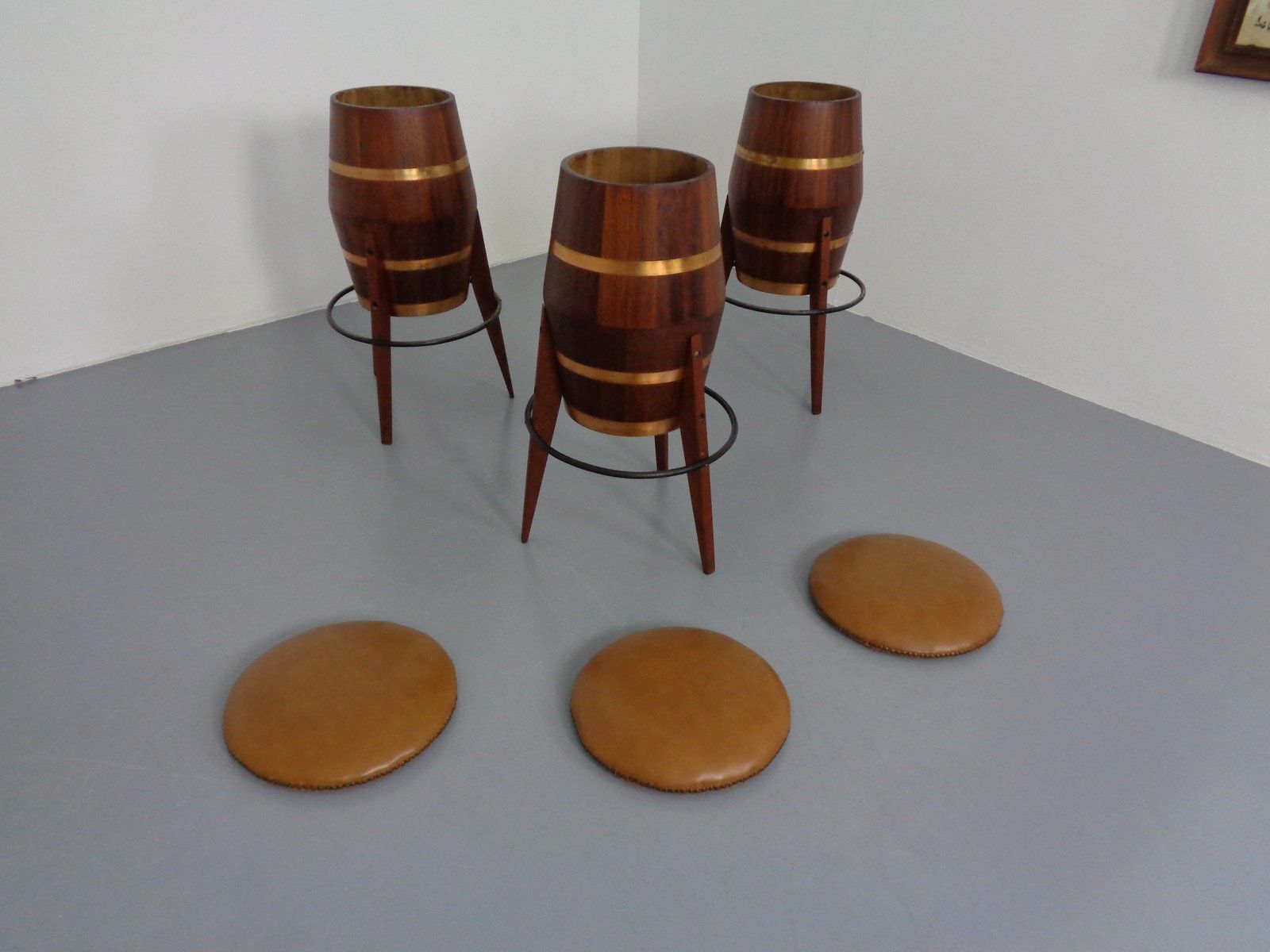 Mid Century Teak & Copper Barstools, 1960s, Set Of 3 photo vintage