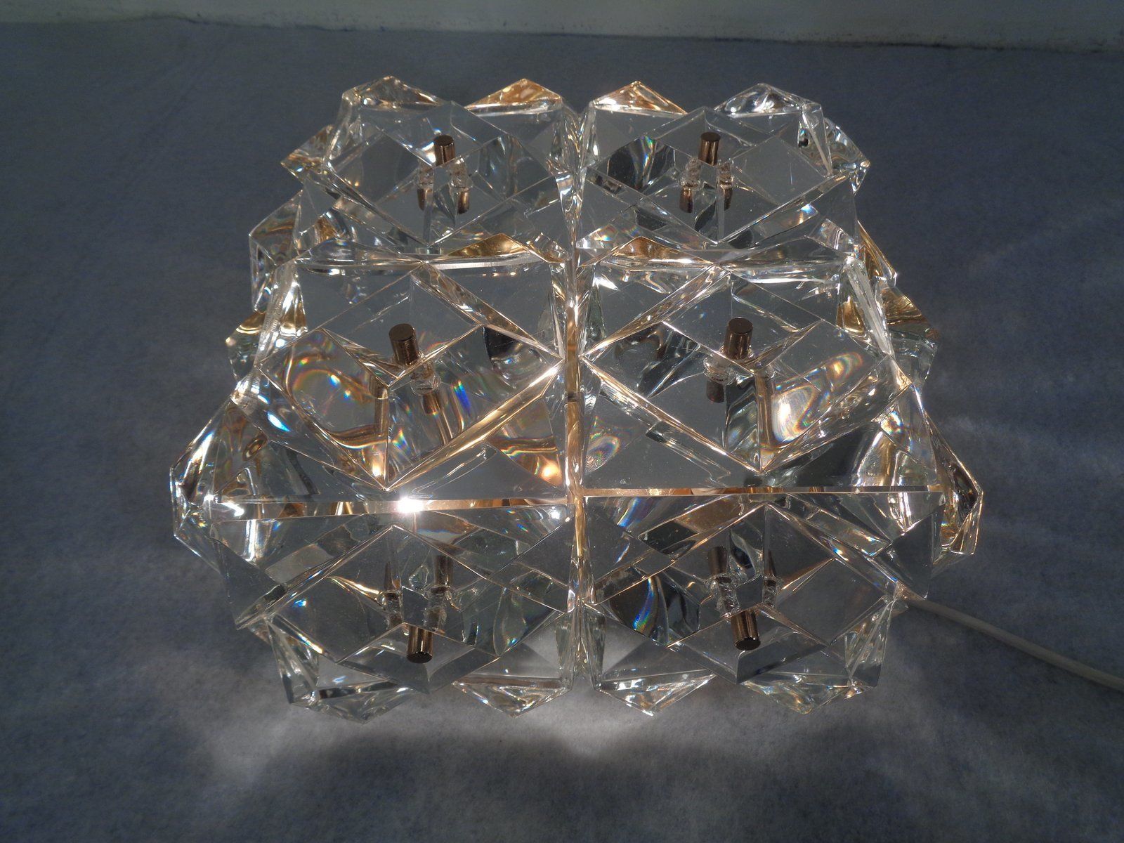 Gold Plated And Crystal Glass Flush Mount Light From Kinkeldey  1970s photo for sale