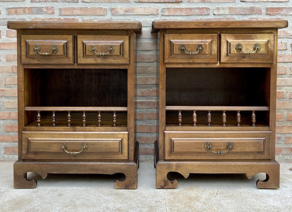 20th Spanish Nightstands With Three Drawers  One Shelf And Bronze Hardware 1970s, Set Of 2